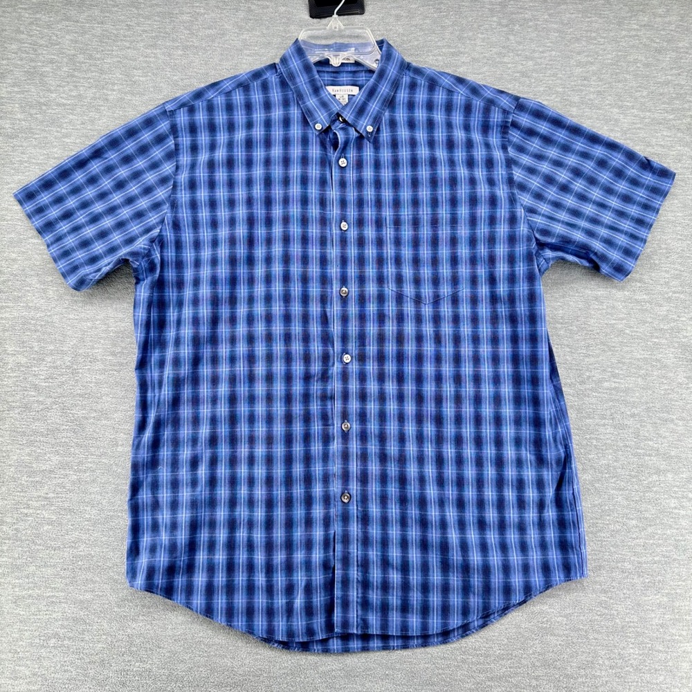 Van Heusen Button Front Shirt Mens Large Blue Plaid No Iron Short Sleeve Cotton